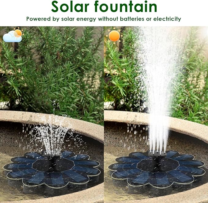 Solar Fountain for Bird Bath, Solar Water Fountain Pump for Bird Bath, Solar Bird Bath Fountains with 6 Nozzles for Gardens, Ponds, Pools, Indoors Outdoors