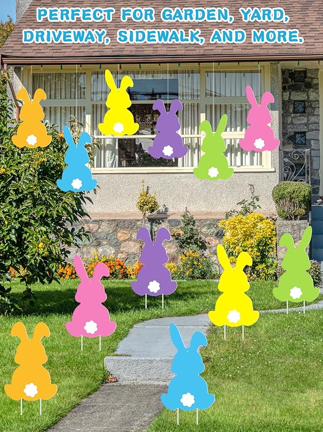 12Pcs Easter Yard Signs Outdoor Decorations Pastel Easter Bunny shaped Yard Signs with Stakes Cute Colorful Bunny Yard Decorations for Garden Lawn Home Party Supplies (12 Pcs Bunnies)