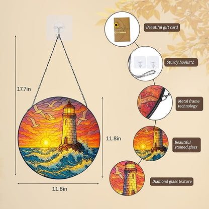 Stained Glass Window Hanging,Lighthouse Sun Catchers Stained Glass Panels for Indoor Windows Wall Art Decor, Memorial Gift for Mom Women Wife Men Lovers (11.8inch)