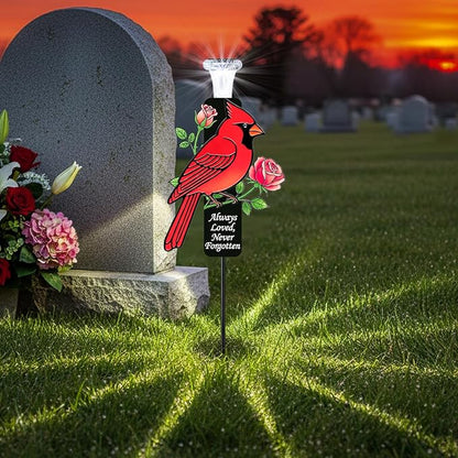 Solar Cardinal Memorial Stakes for Graves - Metal Cemetery Decorations with LED Light, Sympathy Gift for Loss of Mother Mom Grandma, Garden Grave Markers (Red Cardinal)