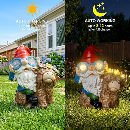 ZQQLITE Garden Gnome Statue Sitting Highland Cow Figurine with Flower Wreath, Solar LED Lights Outdoor Telescope Weatherproof Yard Art Decor for Patio Lawn, Housewarming Gifts for Women Mom