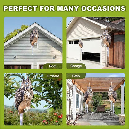 Owls to Keep Birds Away: 4 Pack Fake Owls with Reflective Tape for Garden Patio, Bird Scare Reflective Hanging Decoration to Keep Birds Pigeon from Windows Tree Garden