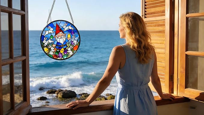 Funoasis Easter Bunny and Gnome Stained Glass Suncatcher - 6.3 Inches Window Hanging Ornaments for Spring Holiday Home Decoration