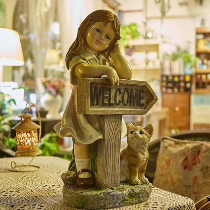 Girl Garden Statue with Solar LED Lights, Solar Girl Welcome Sign with Cat Garden Statue for Outdoor Decor, Porch, Patio, Yard Art Decorations, Polyresin 17.3 inch