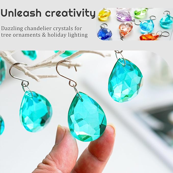 H&D HYALINE & DORA 10pcs Bauhinia Crystal Suncatcher Prisms Chandelier Beads Replacement 38mm Hanging Crystals Ornament Pendant for Window Wedding Party Decor,Cyan Blue
