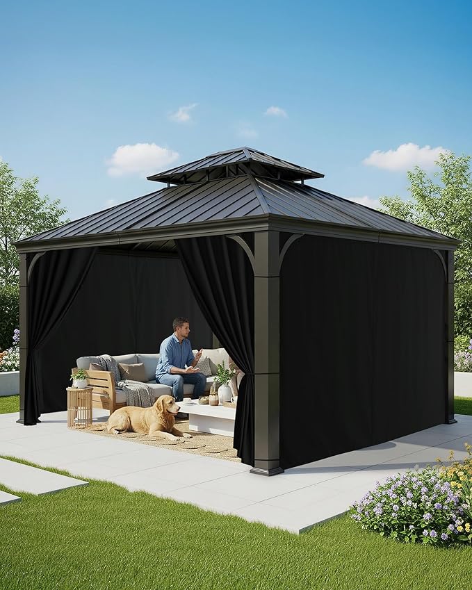 Gazebo Curtains Outdoor Waterproof - 10'Wx10'Lx7'H Weatherproof Patio Pergola Outside Curtains, Gazebo Universal Replacement Privacy Curtains, 4 Panels Sidewall Drapes with Zipper, Black