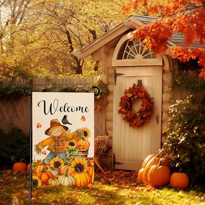Fall Scarecrow Garden Flag Welcome Pumpkin Yard Flag Auttumn Suflower Bird Maple Leaves Garden Flags Thanksgiving Seasonal Farmhouse Rustic House Banner for Outside Patio Decor 12 x 18 Inch