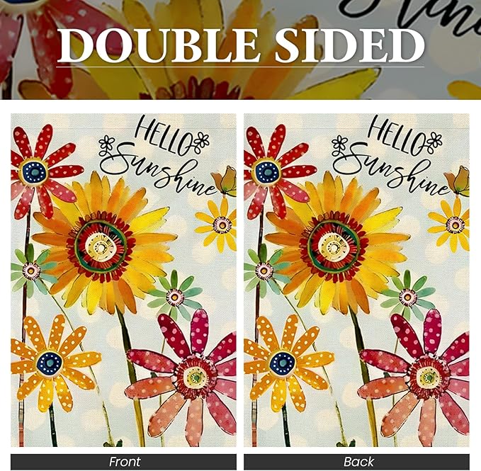 Summer Flowers House Flags for Outdoor, Hello Sunshine Sunflower Daisy Yard Flags for Outside,Seasonal Decorative Flag for Spring Farmhouse Holiday Decoration 28x40 Inch Double Sided