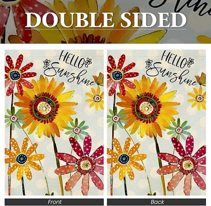 Summer Flowers House Flags for Outdoor, Hello Sunshine Sunflower Daisy Yard Flags for Outside,Seasonal Decorative Flag for Spring Farmhouse Holiday Decoration 28x40 Inch Double Sided