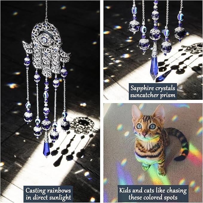 Crystal Prism Suncatcher Ornament for Christmas Tree with Hamsa Fatima Hand Protection Charm Turkish Greek Blue Evil Eye Sapphire Crystals Beads for Window Hanging Decoration