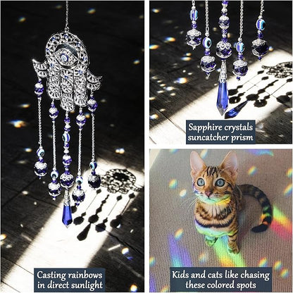 Crystal Prism Suncatcher Ornament for Christmas Tree with Hamsa Fatima Hand Protection Charm Turkish Greek Blue Evil Eye Sapphire Crystals Beads for Window Hanging Decoration