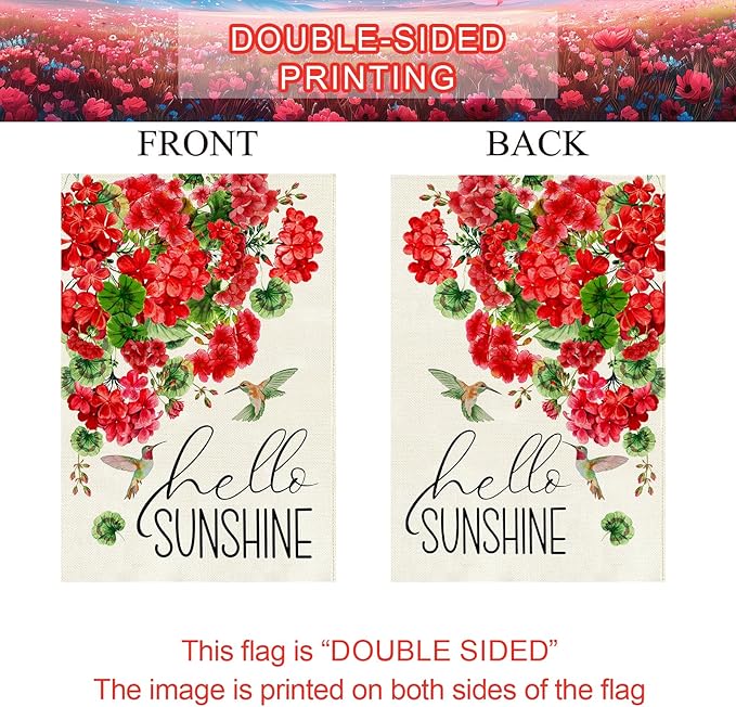 Baccessor Spring Garden Flag 12.5 x 18 Inch, Red Geranium Floral Double Sided Burlap Welcome Small Yard Flag Seasonal Holiday Lawn Proch Outdoor Outside Decor