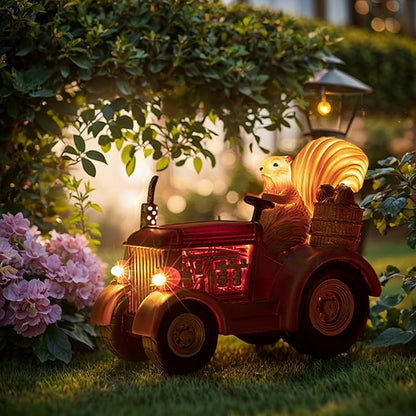 YUETJIN Solar Lighted Squirrel's Farm Tractor Statue, Outdoor Décor for Lawn Garden, Yard, Flower-Pool, Harvest Decoration, Gfit for Father
