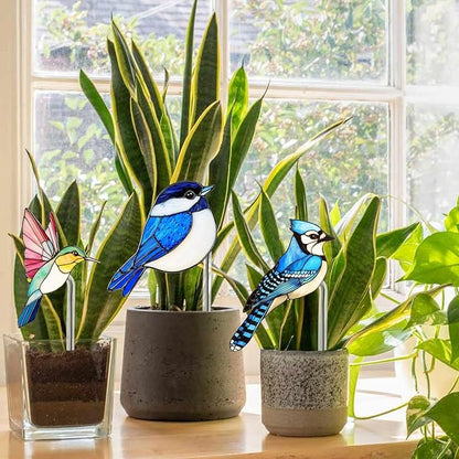 Bird Butterfly Flower Plant Pot Stake Decoration, 4.7 Inch 2D Colorful Acrylic Bird Butterfly Garden Ground Insert Decor, Outdoor Yard Lawn Pathway Patio Art Ornaments, Gifts for Mom (Q)