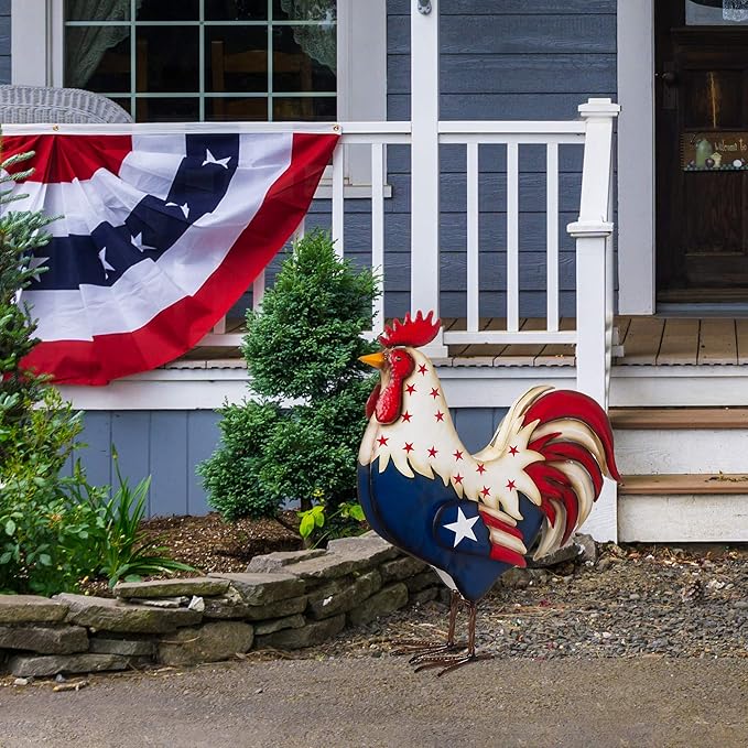 Glitzhome Metal Patriotic Rooster Statue, Rustic Yard Signs Porch Decor 21" H Garden Rooster Sculpture for 4th of July Independence Day USA Home Decor
