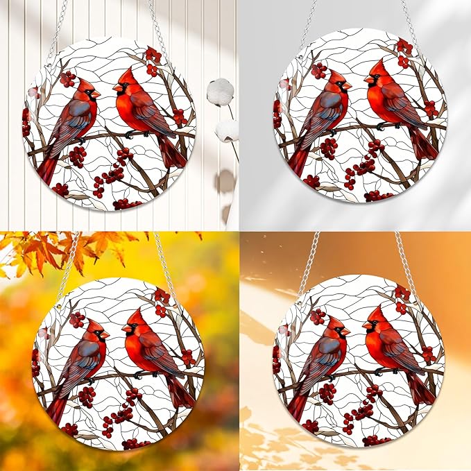 1 pcs 5.9'' Acrylic Window Hanging Cardinal Suncatcher Decor,Red Bird Suncatcher Panel Outdoor Wall Art Stained Panel Hangings Gift for Home Garden Ornament for Birds Lover (Style A)