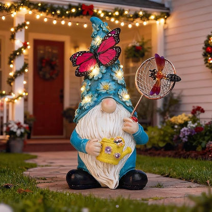 Garden Gnome Statues Outdoor Decor Solar Gnomes with Butterfly on LED Lighted Flowers, Resin Blue Gnomes Sculpture for Patio Yard Lawn Onament Decoration