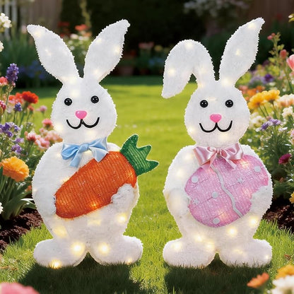 Outdoor Easter Bunny Yard Decorations, Lighted Metal Bunny Decor Set of 2, 30 Inch, Plug-in Pre-Lit LEDs for Lawn Garden Front Porch