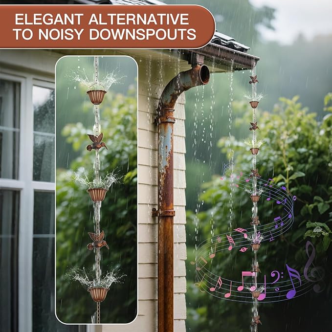 Solid Rain Chain for Gutters – 8.5ft Cast Iron Rain Catcher Chain, Decorative Rain Chimes Outside with 12 Cups & Hummingbird Decor
