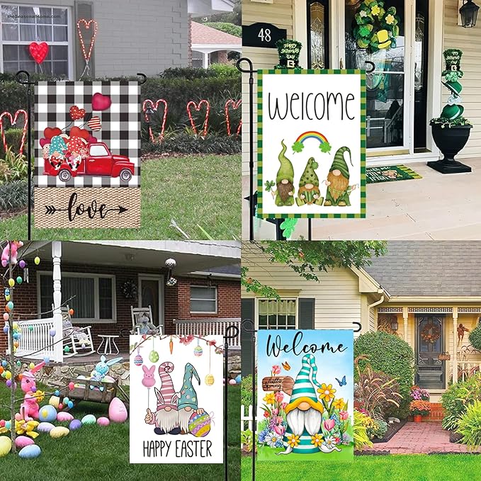 Set of 10 Gnome Seasonal Garden Flags,Double Sided 12 x 18 Inch Yard Flags, Small Garden Flags for Outside, Spring 4th of July Easter Seasonal Flags for Outdoor, Holiday Garden Flags for All Seasons