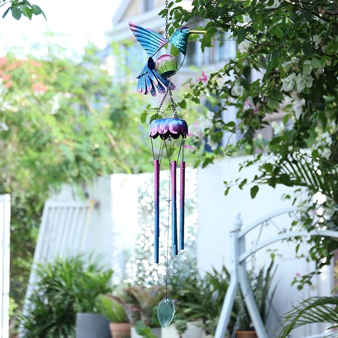 MUMTOP Solar Wind Chimes for Outside - Hummingbird with Crack Glass Ball Lights Wind Chimes Outdoor Unique, Windchimes Clearance for Garden, Patio,Yard Decor Gift