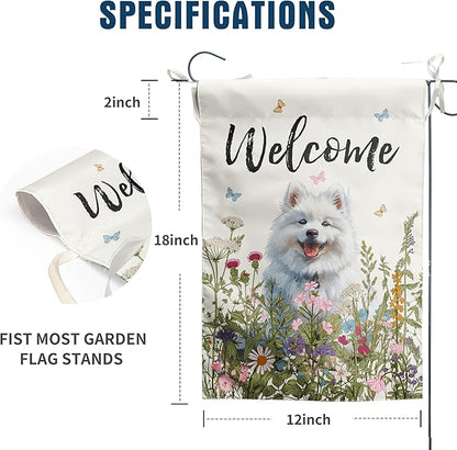 Floral Samoyed Garden Flag Spring Summer Yard Flag Flower Dog Garden Flags for Outside Small Outdoor Welcome Flags 12x18 Double Sided