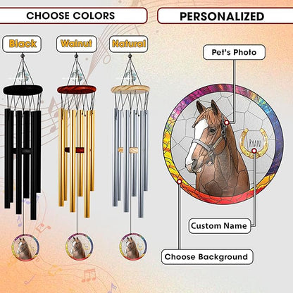 Personalized Horse Wind Chimes for Outside, Custom Photo Crystal Pet Suncatcher Ornament, Horse Lover Gifts for Women Men, Unique Pet Memory Keepsake, Windchimes Outdoors for Garden Home Décor