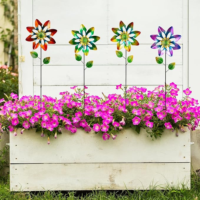 4 Pack Wind Spinners Outdoor, Colorful Small Flower Windmill, Metal Pinwheels Decorative Garden Stakes for Yard Patio Lawn Garden Decor, 27 x 7 Inches