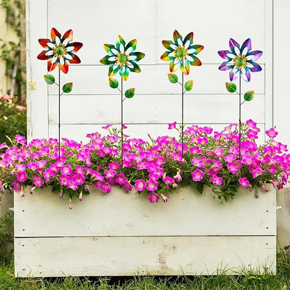 4 Pack Wind Spinners Outdoor, Colorful Small Flower Windmill, Metal Pinwheels Decorative Garden Stakes for Yard Patio Lawn Garden Decor, 27 x 7 Inches