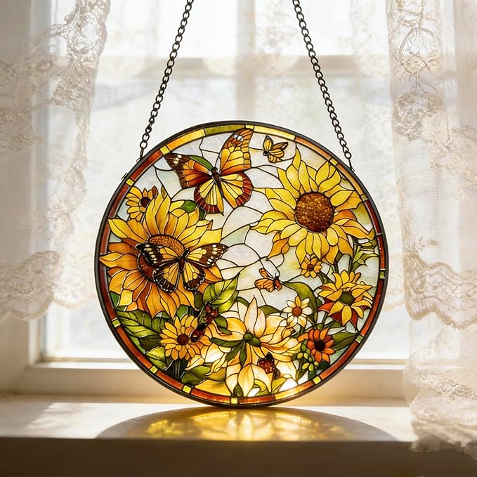 Stained Glass Sun Catcher,Sun FlowersStained Glass Window Hanging Garden Decor,Sun Catchers Indoor Window,Whimsical Decoration for Home Backyard Patio Lawn Porch with 6.3 INCH