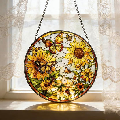 Stained Glass Sun Catcher,Sun FlowersStained Glass Window Hanging Garden Decor,Sun Catchers Indoor Window,Whimsical Decoration for Home Backyard Patio Lawn Porch with 6.3 INCH