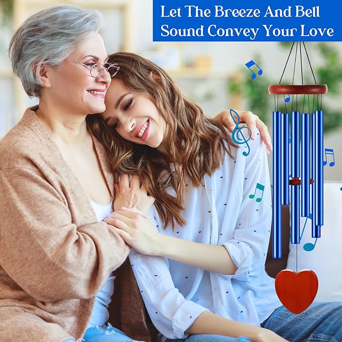 Leinuosen Wind Chimes for Outside Wind Chimes Outdoors Deep Tones 28" with 6 Aluminum Tubes Memorial Sympathy Windchime for Valentine Tree Decor Garden Courtyard Mom Loved One Gifts(Heart,Blue)