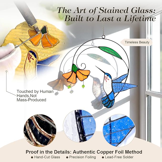 Hummingbird Stained Glass Window Hanging - Hand-Painted 3D Suncatcher with Vibrant Colors, Garden Art Gift for Bird Lovers & Home Decor (Blur Hummingbird)