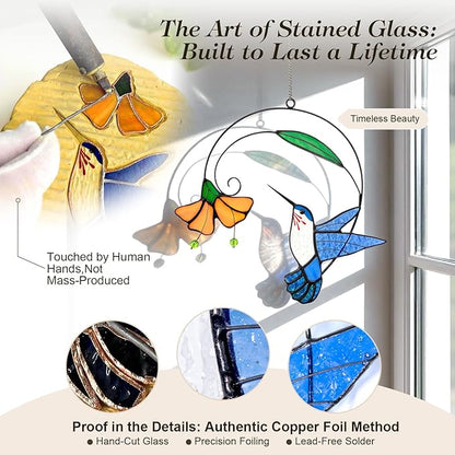 Hummingbird Stained Glass Window Hanging - Hand-Painted 3D Suncatcher with Vibrant Colors, Garden Art Gift for Bird Lovers & Home Decor (Blur Hummingbird)