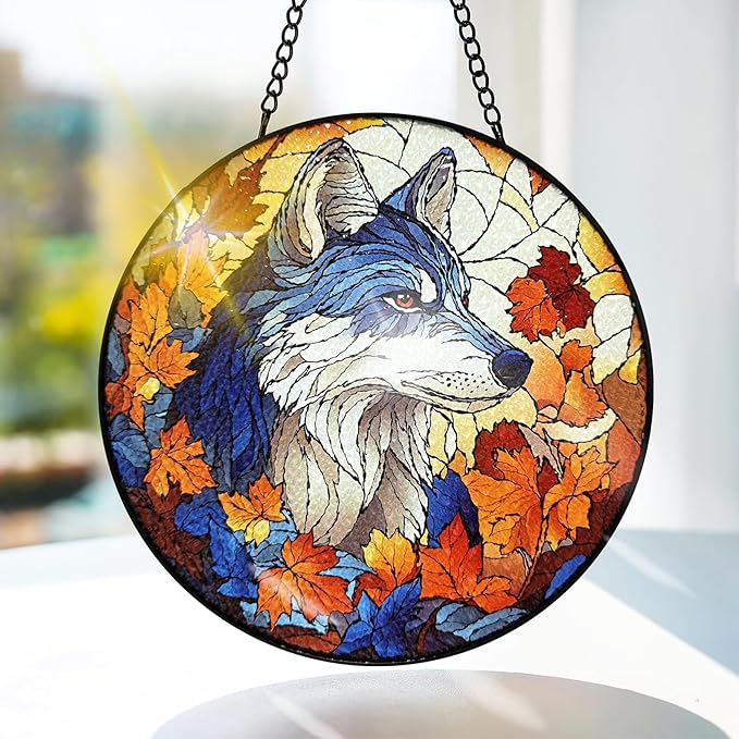 Bimkole Wolf Stained Glass Suncatcher Window Hanging - Animals Design for Indoor Window or Doorway Decoration - 7.87x7.87 inch with Chain and Hook - Unique Home Decor Gift