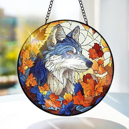 Bimkole Wolf Stained Glass Suncatcher Window Hanging - Animals Design for Indoor Window or Doorway Decoration - 7.87x7.87 inch with Chain and Hook - Unique Home Decor Gift