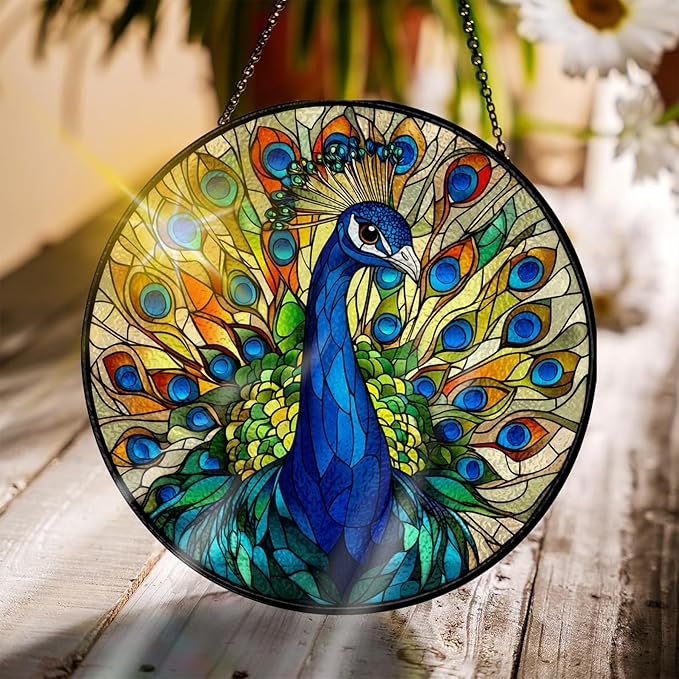 Bimkole Peacock Stained Glass Suncatcher Window Hanging - Animal Indoor Window or Doorway Decoration - Handmade Sun Catcher Decor for Garden Home Christmas & Birthday Gifts 7.87x7.87 inch