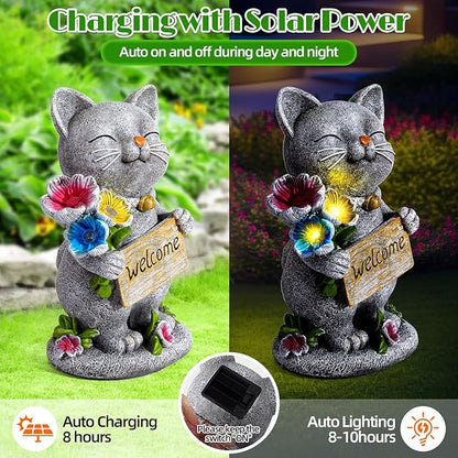 Garden Outdoor Statues Solar Cat Outside Statue Garden Decor for Yard Patio Porch Home Lawn Balcony, Gifts for Grandma Mother Women