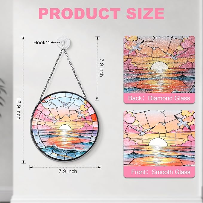 Hanging Stained Glass for Windows,20cm/7.87inch Sea Sunrise Stained Glass Suncatcher with Chain Garden Diamond Glass Panel Hangings Decoration for Home Decor Gifts for Family Friends Colleagues