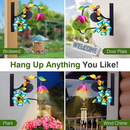 Lewondr Plant Hangers with Solar Light,9 Inch Metal Hanging Plant Bracket Outside,Bee Plant Wall Hook Solar Lights Outdoor for Wall,Flower Basket,Bird Feeder,Lantern,Wind Chime,2 Pack