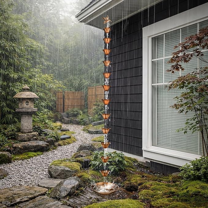 MorningRo Brass 8.5ft Rain Chains for Gutters Outside with Anchor Basin 12 Cups Rain Chain Catcher Downspout Replacement Adjustable Metal Garden Rainwater Divert for Eaves Drainage (Bird)
