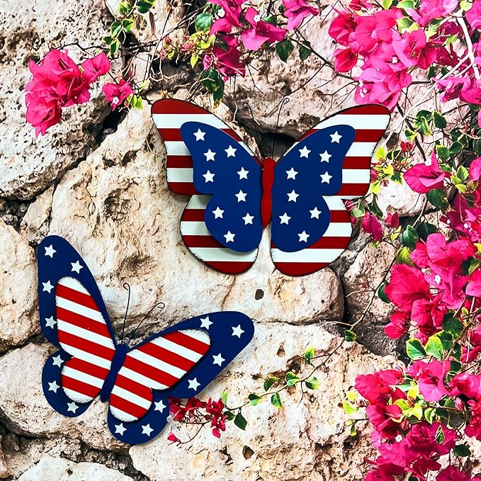 SAGUZOU Rustic Hanging Metal American Flag Patriotic Butterfly Wall Door Yard Fence Signs 4th of July White Blue Red Independence Day Memorial Day Decor Indoor Outdoor Decorations