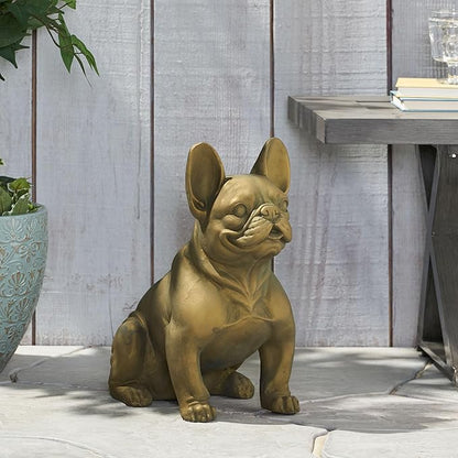 French Bulldog Garden Statue, 17" Tall Outdoor Dog Sculpture, Rustic Gold Cast Stone Frenchie Figurine for Garden, Patio, Porch, or Lawn Décor, Weather-Resistant and Handcrafted Finish