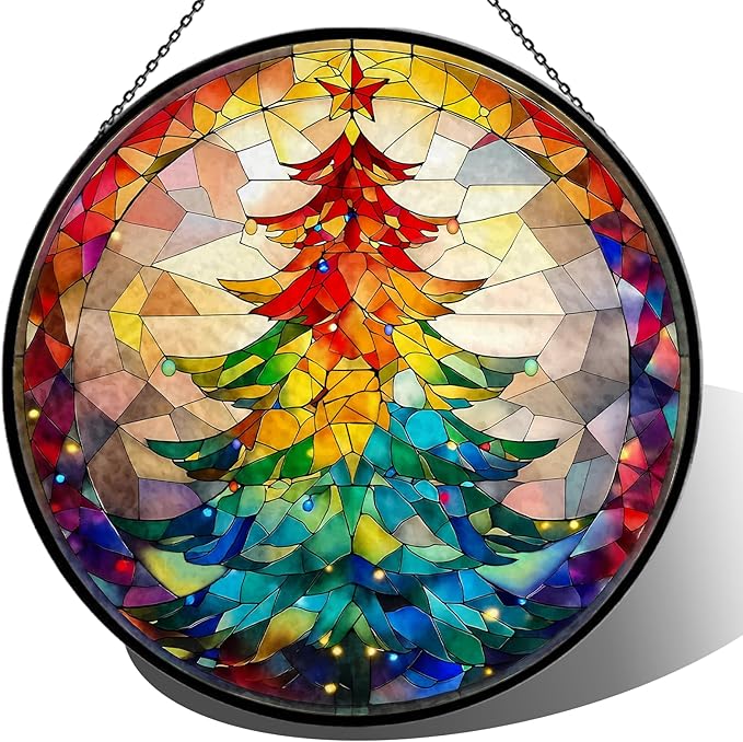 Christmas Tree Stained Glass Window Hanging, 7.9" Colorful Xmas Tree Sun Catcher Glass Panel with Chain, Christmas Trees Decor Handmade Suncatchers Xmas Gifts for Women Sister BFF