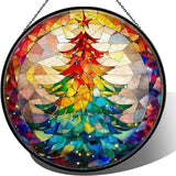 Christmas Tree Stained Glass Window Hanging, 7.9" Colorful Xmas Tree Sun Catcher Glass Panel with Chain, Christmas Trees Decor Handmade Suncatchers Xmas Gifts for Women Sister BFF