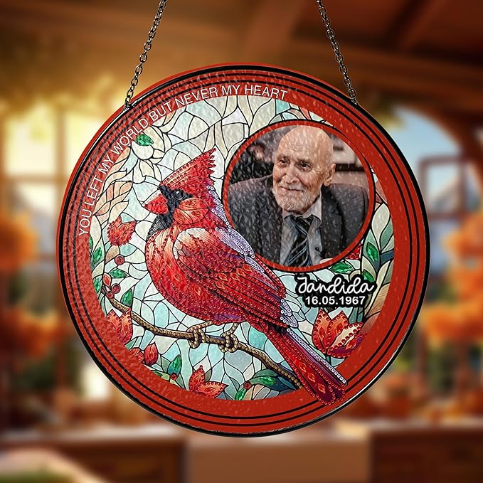 NAZENTI Custom Memorial Photo Gift for Dad, Personalized Stained Glass Window Hanging Suncatcher with Name, Keepsake and Remembrance, Sympathy in Memory of Loved One Gifts