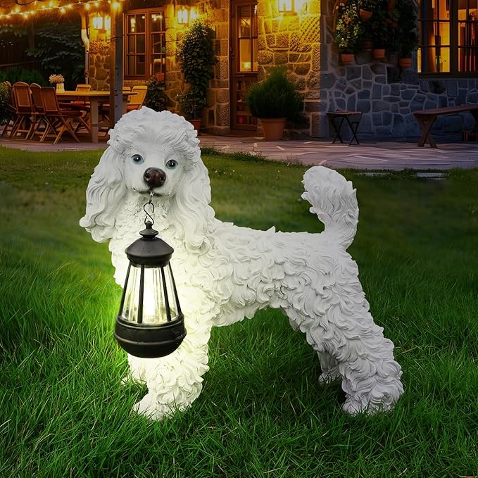 White Poodle Garden Statue with Solar Lantern & Double-Sided Welcome Sign, 14" Realistic Dog Sculpture, Waterproof Resin Poodle Figurine for Yard Lawn Patio Decor, Gift for Poodle Lovers