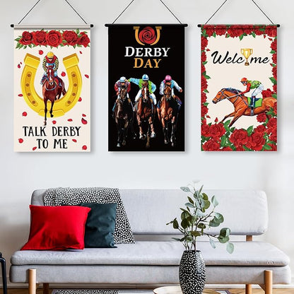 Tegeme 3 Pcs Derby Day Door Banner Derby Day Hanging Flag Decor Roses Horse Racing Festival Door Hanger Sign for Holiday Party Outdoor Indoor Home