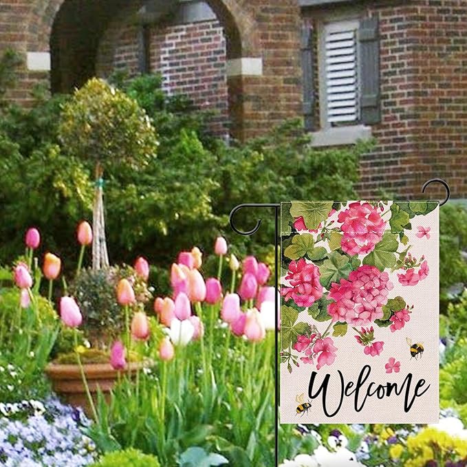 Welcome Spring Summer Geranium Decorative Garden Flag, Pink Floral Flowers Bees Yard Outside Decorations, Seasonal Burlap Outdoor Small Home Decor Double Sided 12 x 18
