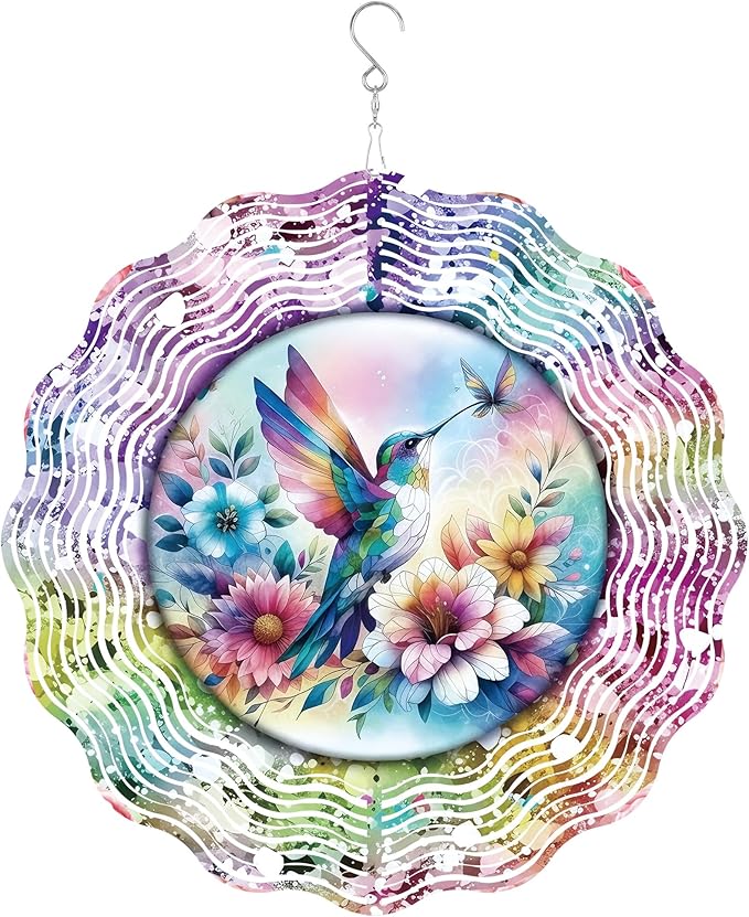 Hummingbird Wind Spinner Outdoor, Nature Gift for Women Men, Hanging Metal Wind Catcher with 5" Center Pendant, 12" 3D Stainless Steel Kinetic Art for Garden Yard Decor